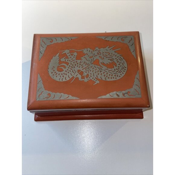 Vintage Japanese Dragon Trinket Jewelry Box Red Lacquer Bamboo MCM Read EL5 - Picture 2 of 13
